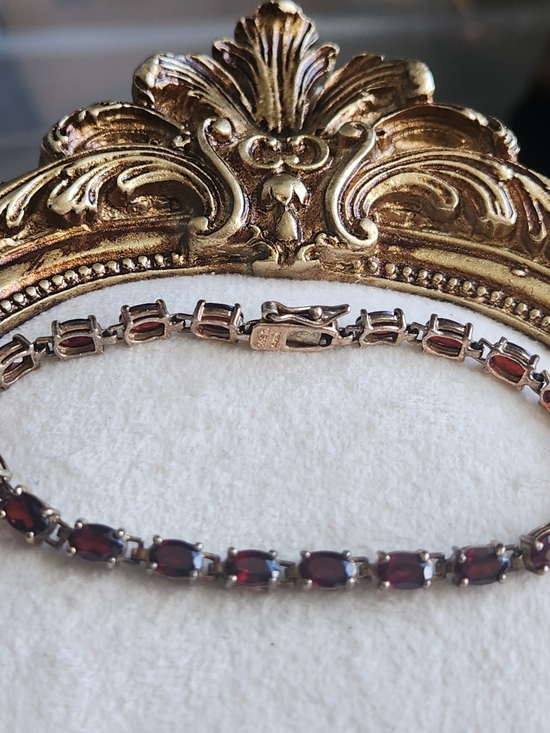 Vintage Jewelry - VTG 925 Sterling Silver Gold Vermeil Garnet Gemstone Tennis Bracelet 7" January